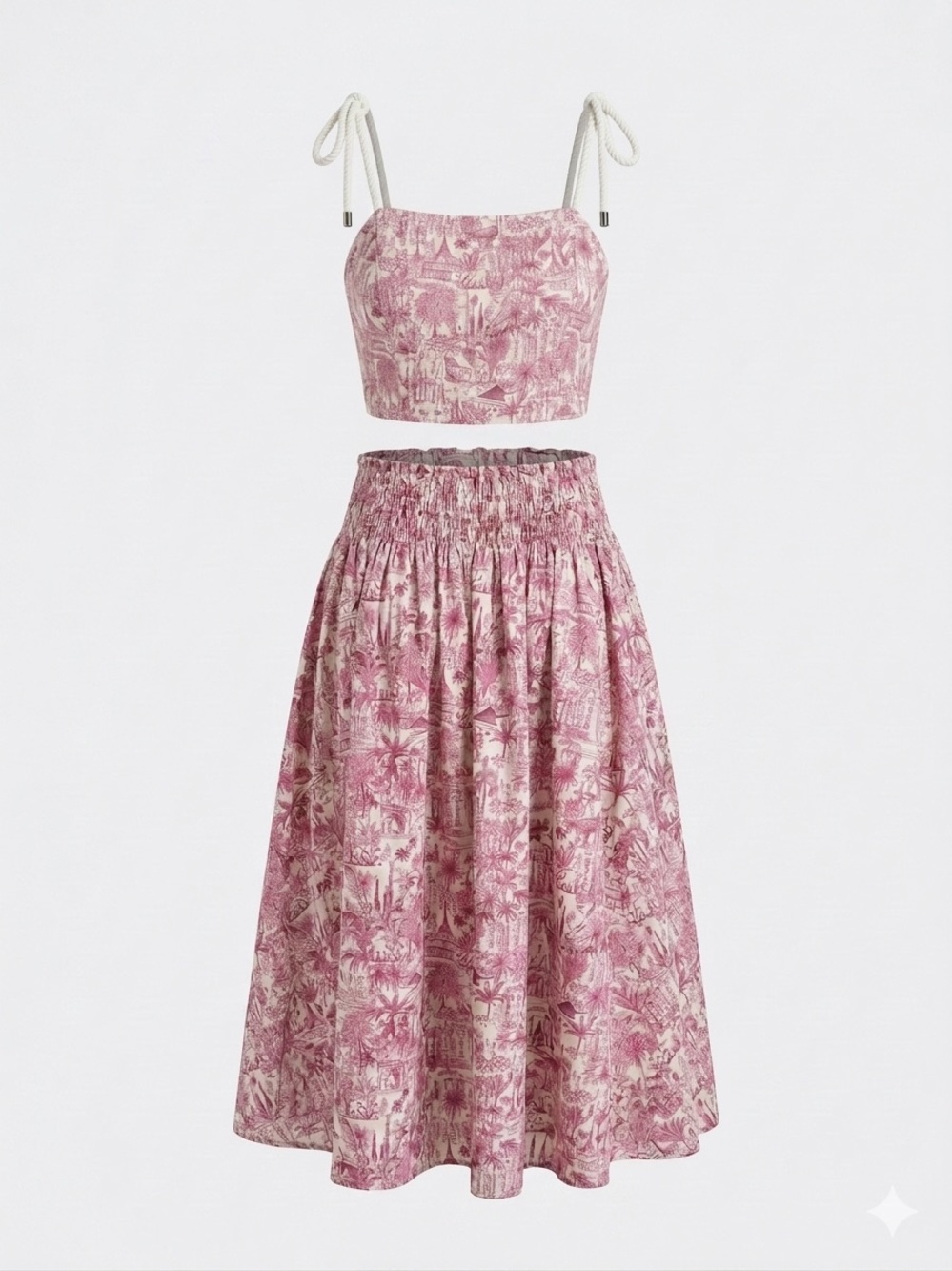 Joie 2-Piece Toile Print Matching Set - Crop Top & Midi Skirt (Pink/White)